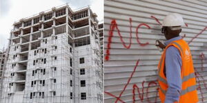 An affordable housing project under construction in Lang'ata (left) and a National Construction Authority (NCA) official during an inspection on March 6, 2023 (right).