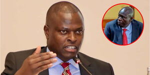 A photo of Kiharu MP Ndindi Nyoro and an insert of Rigathi Gachagua