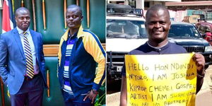 A collage photo of Kiharu MP Ndindi Nyoro posing with gospel artist Joshua Kiprop on April 26 in Nairobi (left) and the latter holding a placard on April 24, 2023, in Nandi County (right).