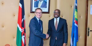 British High Commissioner to Kenya, Neil Wigan and Principal Secretary Dr. Raymond Omollo of the State Department for Internal Security and National Administration during the review of the Security Pact in Nairobi on March 11
