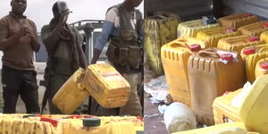 A collage of cops collecting jerricans used to ferry illegal petrol