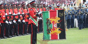 Colour Officer Lieutenant Kelvin Kiso of the 20 Para Battalion of the Kenya Defence Forces(KDF) during the 62nd Jamuhuri Day Celebrations on Friday, December 12, 2025 at Nyayo Stadium.