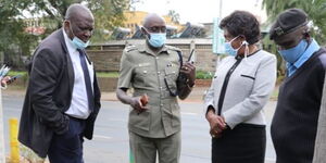 Kitui Governor Charity Ngilu (second from right) with officials along Uhuru Highway in Nairobi on July 9, 2020.