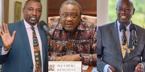 From left, former Bahati MP Kimani Ngunjiri, former President Uhuru Kenyatta and Deputy President Rigathi Gachagua.