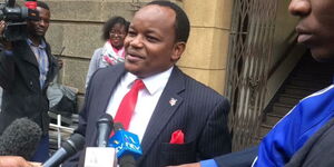 Nyeri Town MP Ngunjiri Wambugu speaking to reporters in June 2018