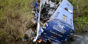 Modern Coast bus involved in a road accident at Nithi Bridge, Tharaka Nithi County on July 24, 2022.
