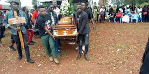 Daniel Ndambuki and colleagues carry Njenga Mswahili's casket on Thursday, November 14, 2019