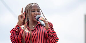 Kirinyaga Women Rep Njeri Maina addressing a gathering in Kiambu, September 2024.