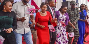 Kirinyaga Woman Representative Njeri Maina (in red dress) attending the Tupange Youth Summit in Kirinyaga Central on Friday, January 16, 2025.