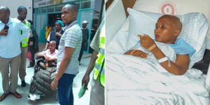 A photo collage of Kirinyaga Women Representative Jane Njeri Maina in a wheelchair and admitted at a hospital at in Nairobi County on August 23, 2023.