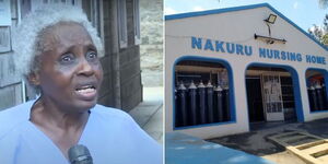 A collage image of Rose Njeri sitting at the Nakuru Nursing Home on April 15, 2023 (left) and the entrance to the medical facility (right). 