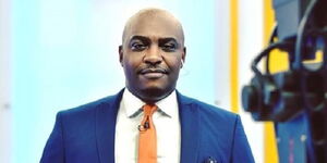 K24 TV anchor Eric Njoka in studio on April 17, 2020.