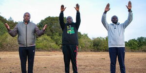 Njoroge Wainana, MP Kieni (left), Deputy President Rigathi Gachagua (center)and the Nyandarua Senator John Methu (right) during a prayer session