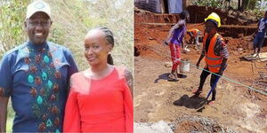 A photo collage of President William Ruto with Agnes Nkanya during the campaigns (left) and Agnes Nkanya doing casual work at a construction site( right)