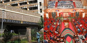 A collage of the Ministry of Land offices in Nairobi and Members of Parliament in Session. 