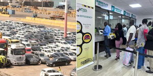 Vehicles at a yard at the Port of Mombasa (left) and Kenyans seeking services from NTSA offices in Nairobi.