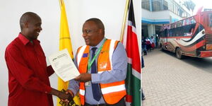 NTSA DG George Njao hands matatu driver Wilfred Onduse a letter of commendation (left) and the matatu parked at KNH Emergency Services Unit on Friday, May 19, 2023.
