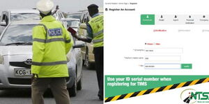 Photo collage between police officers controlling traffic flow and a screenshot of how to register on NTSA's TIMS account captured on March 18, 2023.