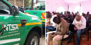 A photo collage of NTSA vehicles and PSV drivers sitting a written theory exam during NTSA's re-test of PSV and commercial drivers on July 20, 2023