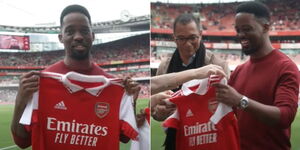A photo collage of Adrian Ntwatwa together with Arsenal legend Gilberto Silva at the Emirates Stadium on May 14, 2023.