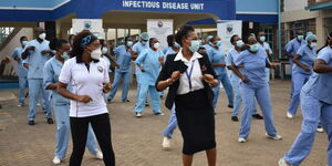 Nurses at the KNH IDU Unit based at Mbagathi participating in a Zumba class on 28th May 2020.