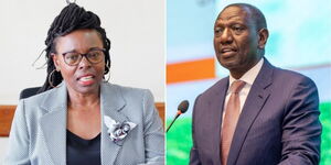  Controller of Budget Margaret Nyakang'o at her office on November 10, 2023 (left) and President William Ruto addressing a forum at the AU headquarters in Ethiopia on February 16, 2024.