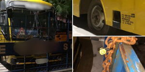 A photo collage of school buses blocking a private institution's gate in Mombasa County on May 29, 2024. 