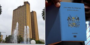 Nyayo House where passports are printed (left) and a Kenyan passport.