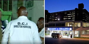 DCI Homicide detective at the crime scene (left) and the Kenyatta National Hospital emergency department.