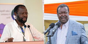 Kisumu Governor Anyang' Nyong'o speaking at a governor's summit in November 2022(Left) and Prime Cabinet Secretary Musalia Mudavadi speaking at a meeting in Vihiga on April 15, 2023(Right)