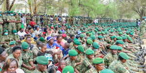 A photo of NYS recruits during the National Youth Service recruits passing out parade at the National Youth Service Paramilitary Academy in Gilgil, Nakuru County, on March 3, 2023. 