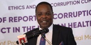 EACC Chairperson David Oginde gives a speech during the Ethics and Anti-Corruption Commission (EACC) report on corruption in the healthcare sector in Nairobi on May 17, 2023.