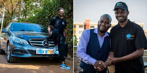 A photo collage of Seth Oluoch posing with Ultrabet’s Mercedes Benz after winning Ksh56,000 in a multi-bet (left) and Ultrabet CEO posing with the winner (right).