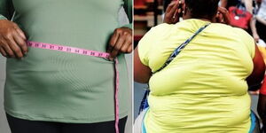 A photo collage of a person measuring the size of their belly (left) and a woman seated outside a shop.