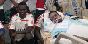 A side-by-side image of Tevin Obiga playing for Harambee Stars (l) and the footballer at St Boniface Hospital in Canada.