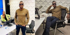 A photo collage of media personalities Oga Obinna (right) and Sheila Kwamboka inside Kiss FM's studios on March 28, 2023. 