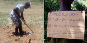 A photo collage of Simon Odhiambo working on a farm (left) and his son pleading for help.