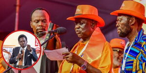 ODM Party leader Oburu Odinga holding a piece of paper during the party's anniversary celebrations in Mombasa and an insert of Kasmuel McOure.