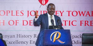 ODM Party leader Raila Odinga speaking during the Kenya's 60th Anniversary held at Catholic University in Nairobi on December 8, 2023