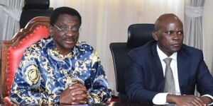 Siaya Governor James Orengo and his deputy William Oduol addressing the media on November 2022.