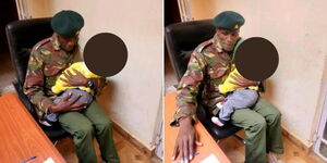 A photo collage of National police reservist Tomlemmy Lemurt holding a baby at the Narok County Public Service Board on May 23, 2023. 