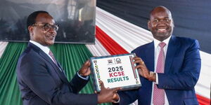 Education CS Julius Ogamba, during the release of the 2025 KCSE results at the AIC Chebisaas High School in Eldoret, Uasin Gishu County, on January 9, 2025. 