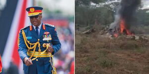 CDF General Francis Ogolla during Jamhuri Day celebrations on December 12, 2023 (left) and the chopper crash that claimed the life of the CDF and other military personnel. 