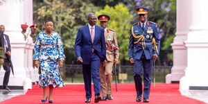 From left: First Lady Rachel Ruto, President William Ruto and the late CDF General Francis Ogolla at State House on October 2023.