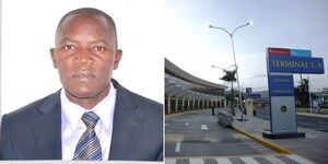 A profile photo collage of new KAA MD Henry Ogoye (left) and a section of the Jomo Kenyatta International Airport (right)