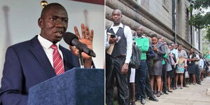 A photo collage of former government spokesperson Colonel Cyrus Oguna addressing the media on June 6, 2022 (left) and jobseekers in a queue in Nairobi on March 20, 2018.