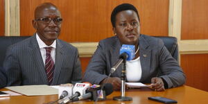 Senators Esther Okenyuri (right) and Boni Khalwale (left) during Kenya Kwanza Bipartisan Talks Team meeting held on Tuesday, May 2, 2023.