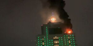 A photo of Old Mutual Towers Building engulfed in flames during the New Year Celebrations on January 1, 2024.