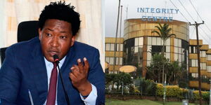 A side-to-side image of Narok Senator Ledama Olekina and the Ethics And Anti-Corruption Commission (EACC) Headquarters in Nairobi.