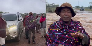 Collage of Narok Senator Oledama Olekina stuck in flooded Loita road on January 13, 2024.